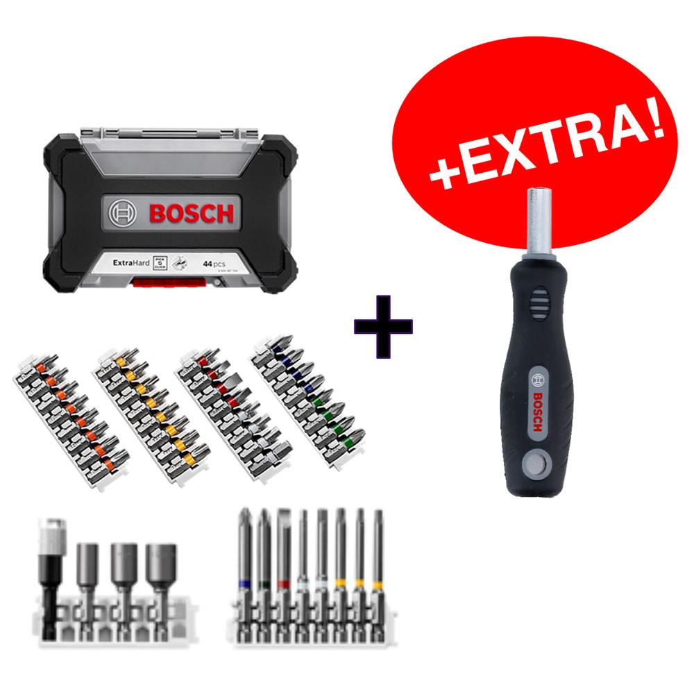 Coffret vissage Bosch 44pcs Pick & Click extra hard + tournevis manuel -  Outils Pro