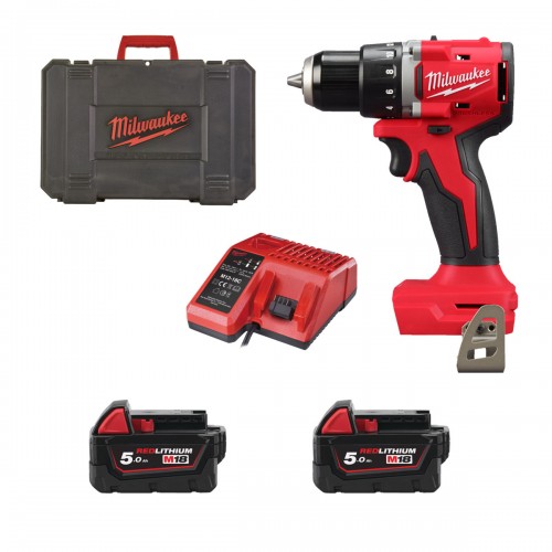 Perceuse visseuse compacte brushless M18 BLDDRC avec 2 batteries 5Ah, chargeur et coffret - Milwaukee M18 BLDDRC-502C