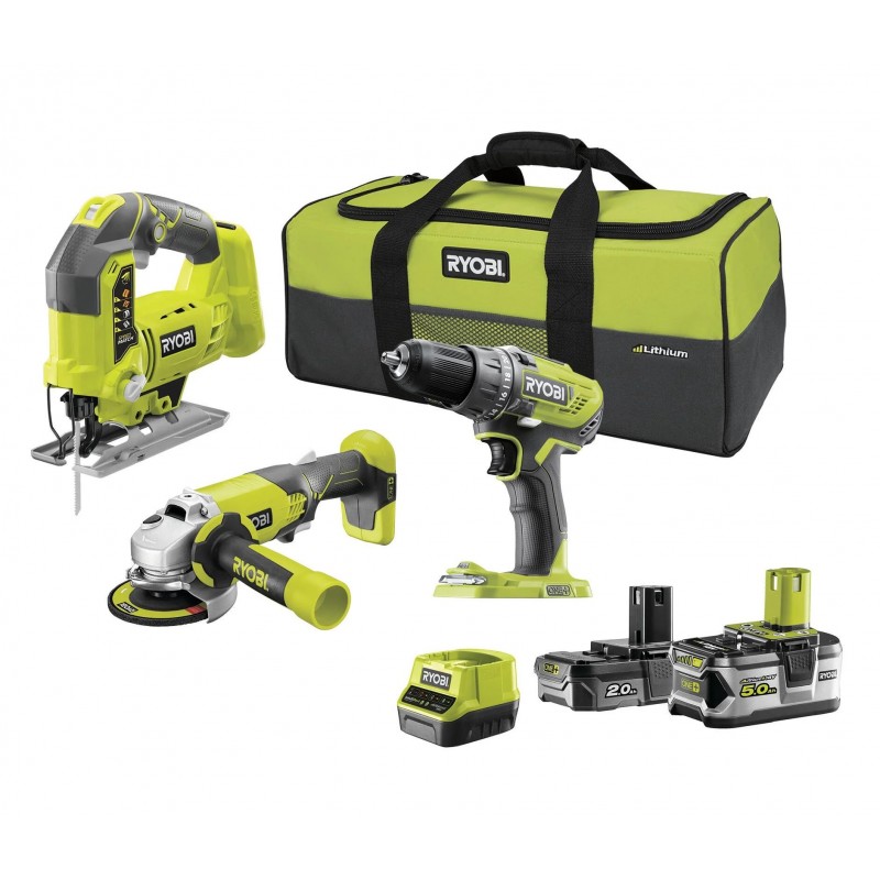 Pack de 3 outils Ryobi (perceuse, scie-sauteuse, meuleuse) avec 2 batteries, chargeur, sac - R18CK183C-252S