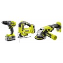 Pack de 3 outils Ryobi (perceuse, scie-sauteuse, meuleuse) avec 2 batteries, chargeur, sac - R18CK183C-252S
