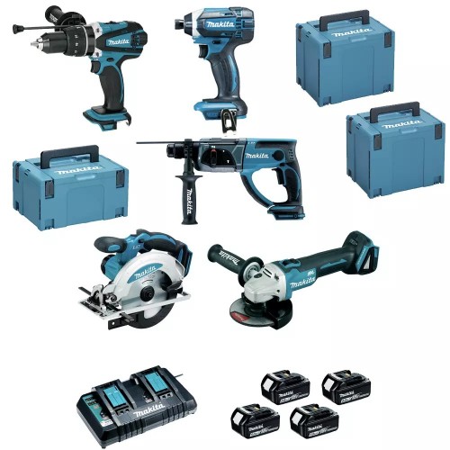 Lot de 5 machines 18 V Li-Ion avec 4 batteries 5Ah et chargeur rapide double, 3 coffrets Makpac - Makita DLX5039PTJ