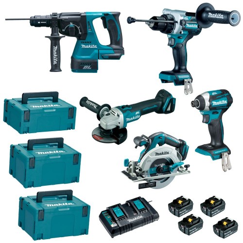 Lot de 5 machines 18 V Li-Ion avec 4 batteries 5Ah et chargeur rapide double, 3 coffrets Makpac - Makita DLX5090PTJ