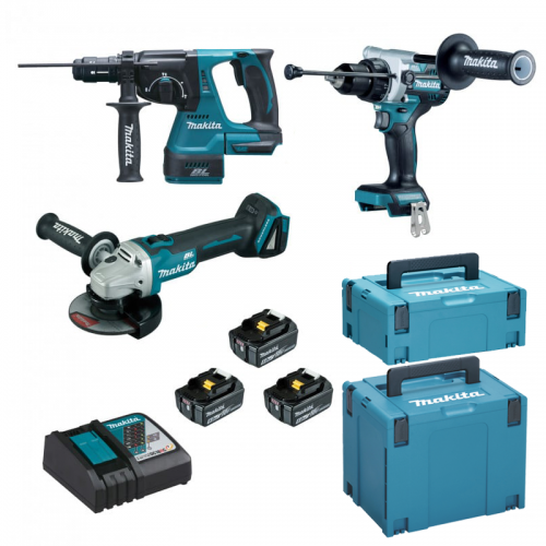 Lot de 3 machines 18V Li-Ion avec 3 batteries 5Ah et chargeur rapide, 2 coffrets Makpac - Makita DLX3157TJ