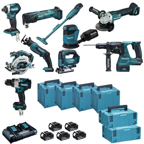 Lot de 10 machines 18V Li-Ion avec 5 batteries 5Ah et chargeur rapide double, 6 coffrets Makpac - Makita LOT0309