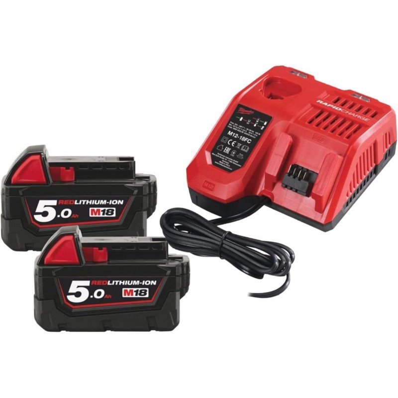 Pack 2 batteries 18V 5Ah M18 B5 et chargeur rapide M12-18 FC - MILWAUKEE M18 NRG-502