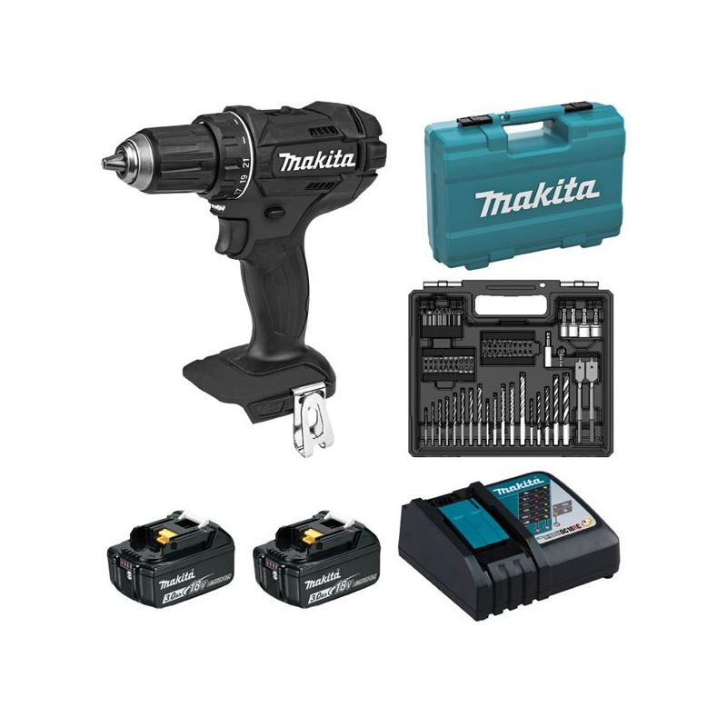 Perceuse-visseuse LXT 18V 62 Nm Black avec 2 batteries 3Ah, chargeur rapide et coffret avec accessoires - Makita DDF482FX1B
